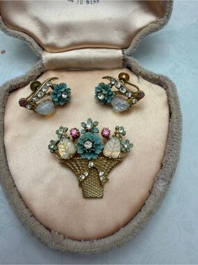 Vintage Floral Bouquet Clip-On Earrings and Brooch Set in box